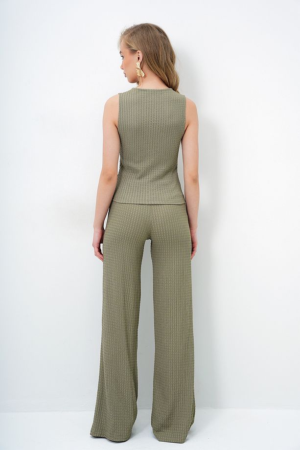 Kadın Haki Slim Fit V Yaka Düğmeli Yelek Ve Pantolon Takım ALC-X13583 - 6