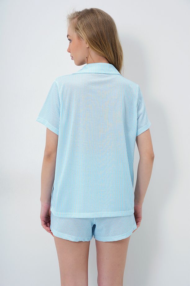 Kadın Mavi Çizgi Desenli Örme Pamuklu Gömlek Ve Şort Pijama Takımı PJM-X13884 - 6