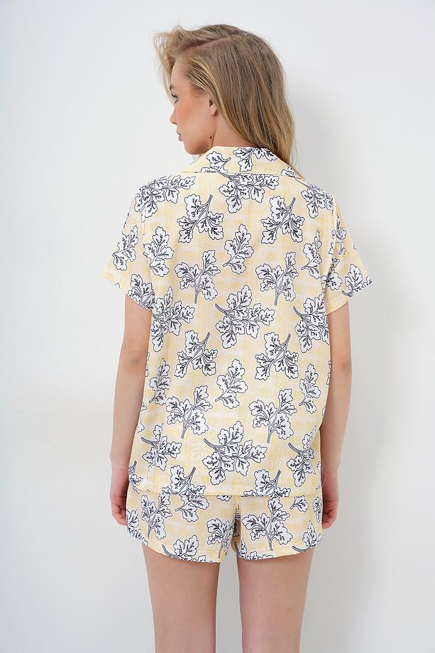 Kadın Sarı Desenli Önü Düğmeli Dokuma Gömlek Ve Şort Pijama Takım PJM-X13890 - 6