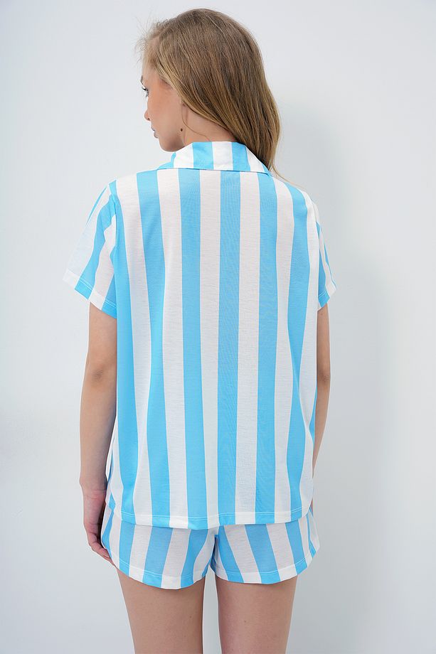 Kadın Mavi Şerit Desenli Örme Pamuklu Gömlek Ve Şort Pijama Takımı PJM-X13885 - 7