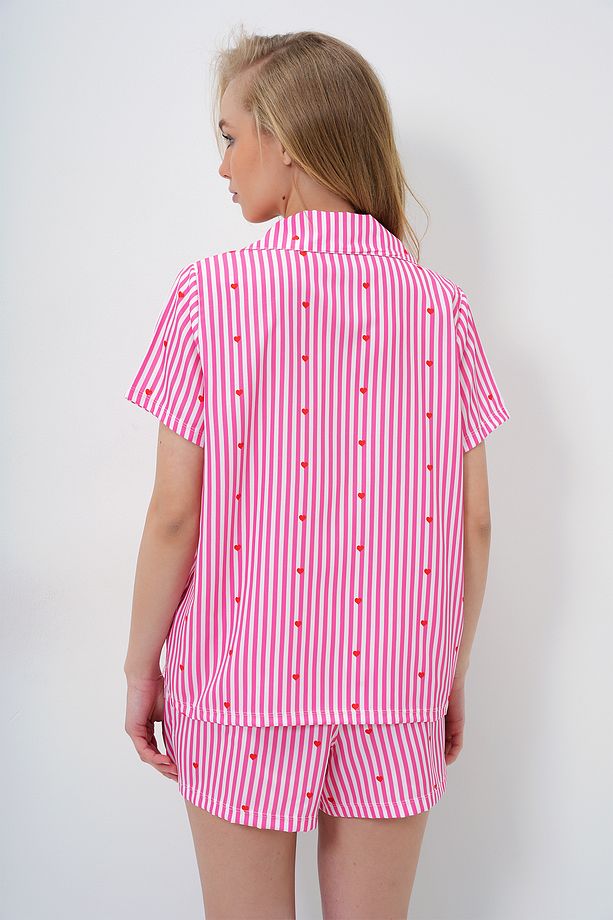 Kadın Şeker Pembe Çizgi Desenli Önü Düğmeli Dokuma Gömlek Ve Şort Pijama Takım PJM-X13891 - 6