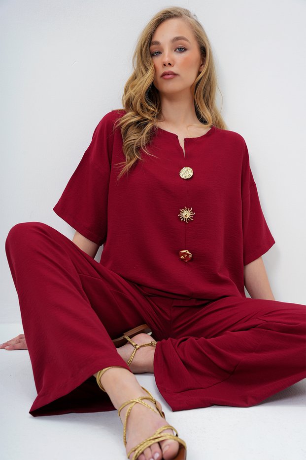 Women's Burgundy V-Neck Aerobin Blouse and Trousers Top and Bottom Set with Metal Gold Button Detail ALC-X14122