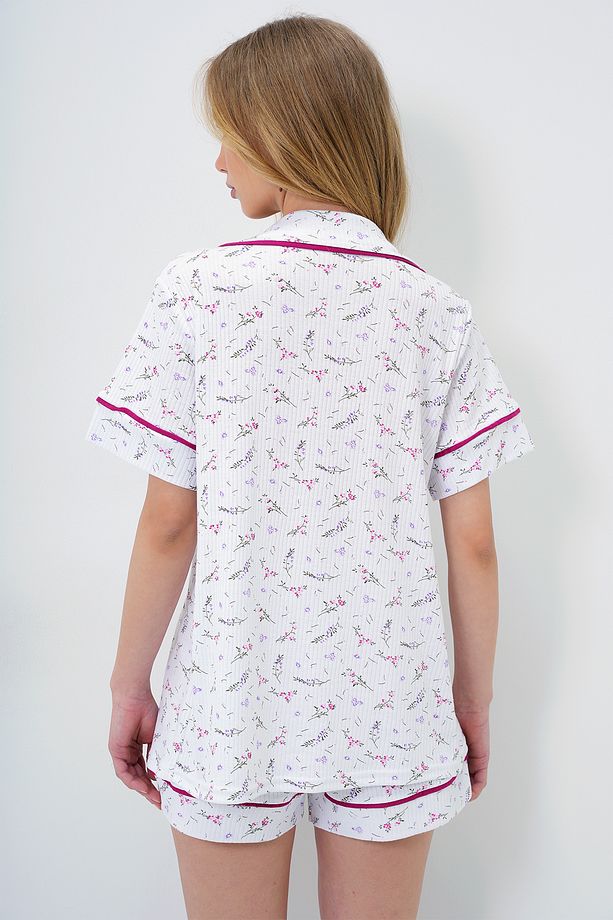 Kadın Mikro Çiçek Fuşya Tek Cepli Biye Detaylı Pamuklu Gömlek Ve Şortlu Pijama Takımı PJM-X13911 - 8