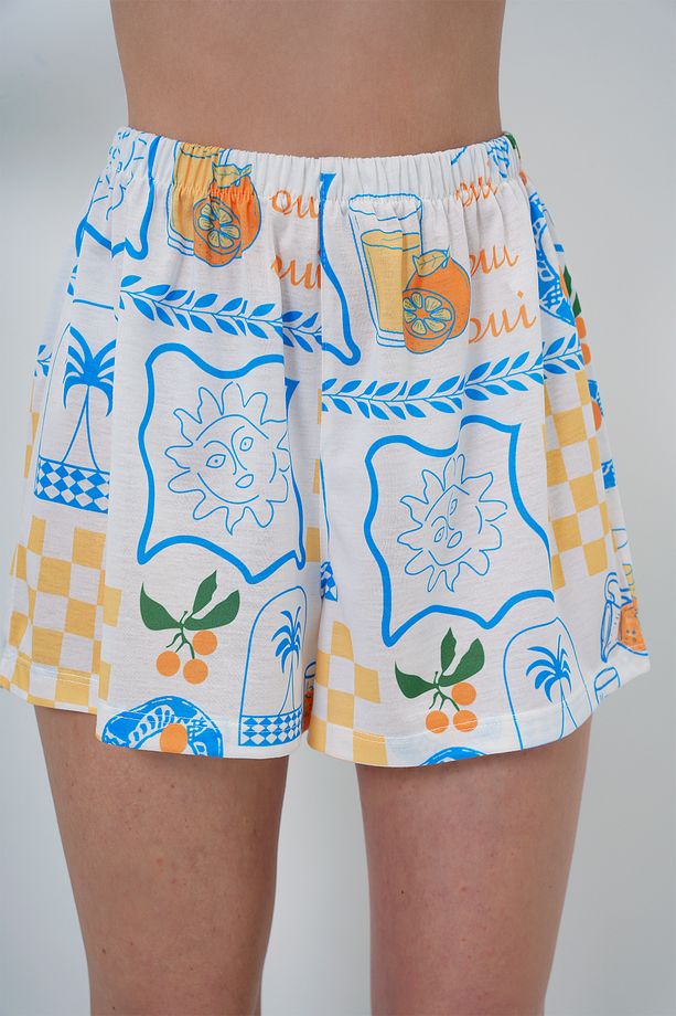 Kadın Mavi-Sarı Yazlık Pamuk Örme Gömlek Ve Şort Pijama Takım ALC-X14085 - 5