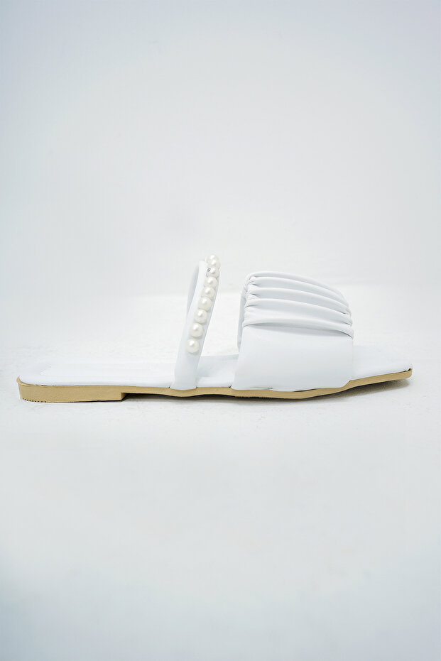 Dámské bílé ploché pantofle z umělé kůže s dvojitým pruhem ALC-X14014 - 5