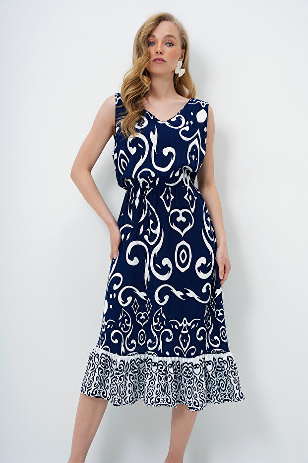 Women Ecru-Navy Blue Front Back V-Neck Patterned Skirt Flounces Summer Woven Dress Alc-X14095