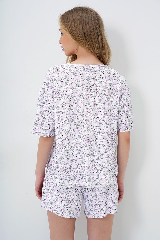 Kadın Mikro Çiçek Mor V Yaka Pamuklu Mikro Desenli T-Shırt Ve Şortlu Pijama Takımı PJM-X13894 - 6