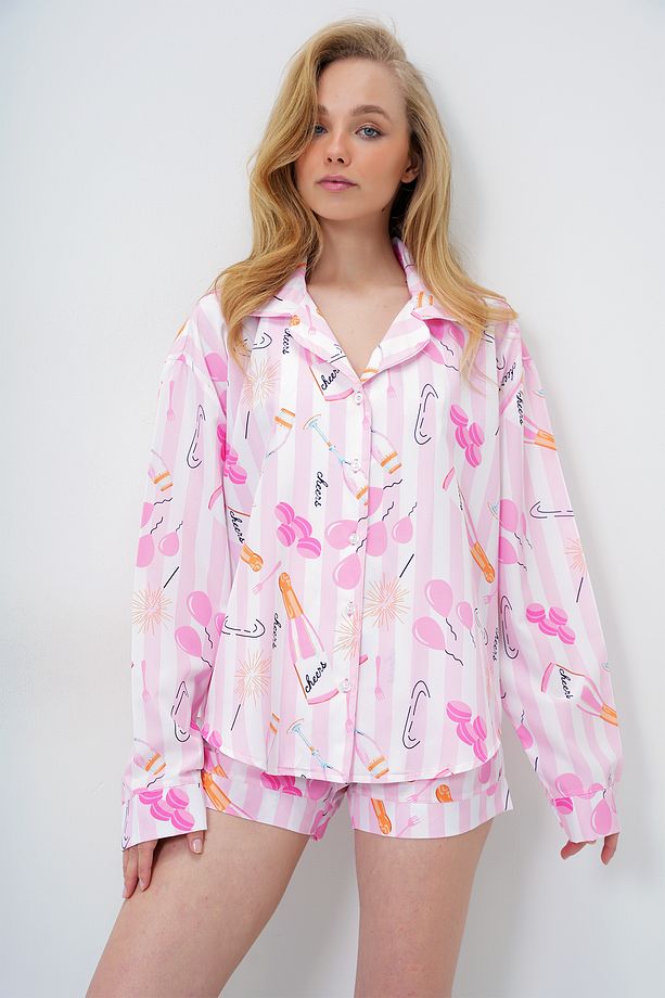 Kadın Pembe-Ekru Duble Manşet Ve Paça Detaylı Dokuma Gömlek Ve Şortlu Pijama Takımı PJM-X13919 - 5