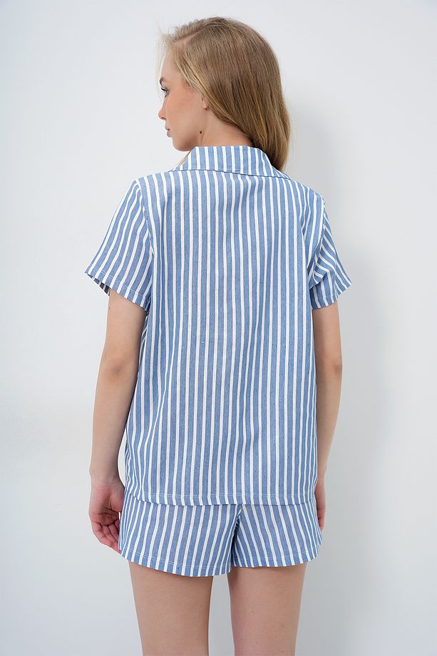 Kadın Koyu Mavi Yazlık Pamuk Örme Gömlek Ve Şort Pijama Takım ALC-X14085 - 6