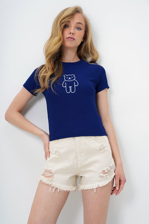 Women's Navy Blue Crew Neck Teddy Bear Embroidered Ottoban Crop T-Shirt Alc-X13917