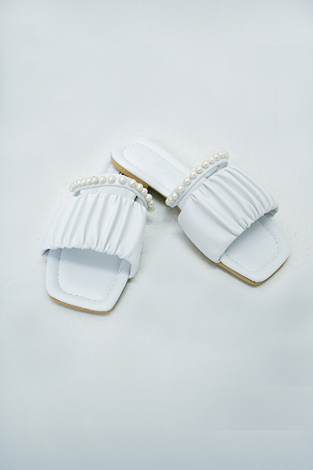 Dámské bílé ploché pantofle z umělé kůže s dvojitým pruhem ALC-X14014 - 6