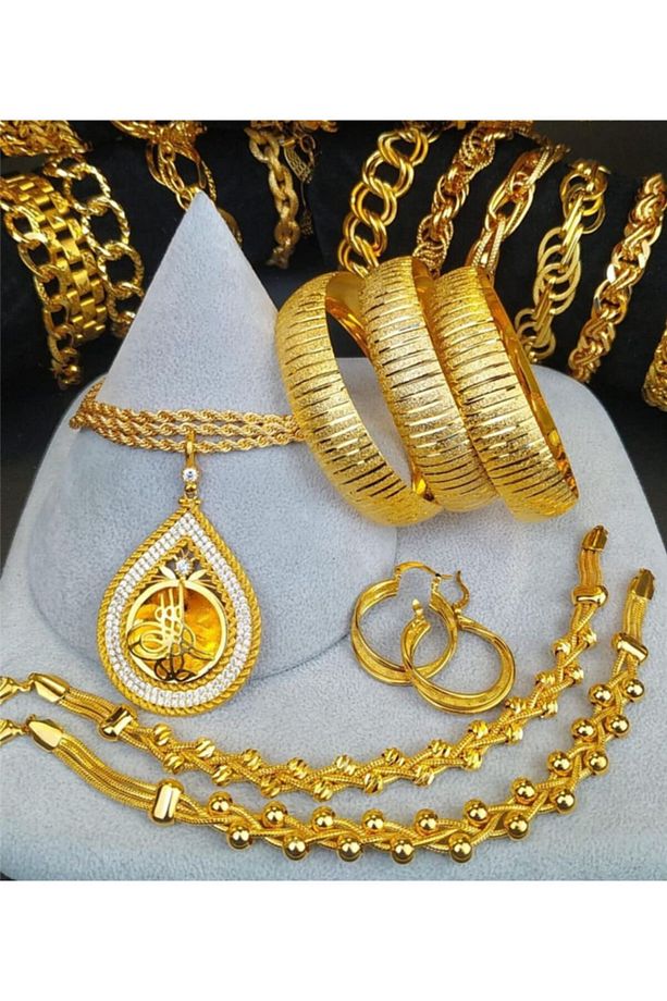 22 Ayar Altın Kaplama Kadın 3 Ad 2 Cm Bilezik 1 Ad Kolye 1 Ad Künye 1 Ad Küpe Set - 1