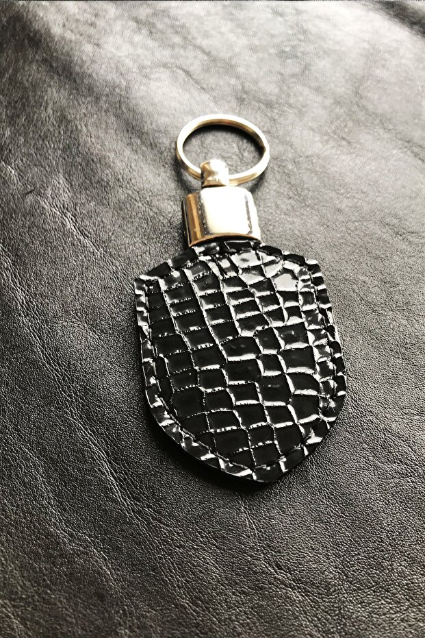 Genuine Leather Keychain Black Python Printed - 2