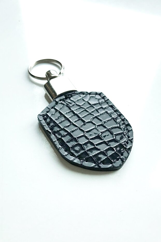 Genuine Leather Keychain Black Python Printed - 4