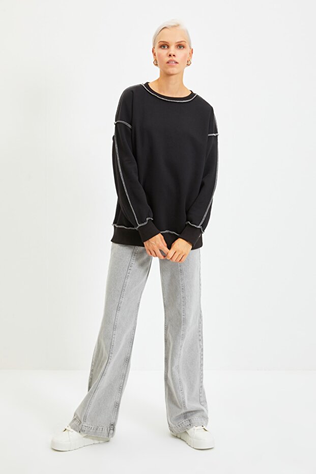 Czarny oversize/szeroki wzór kardigan szyty gruby polar dzianinowy sweter TWOAW22SW0267 - 6