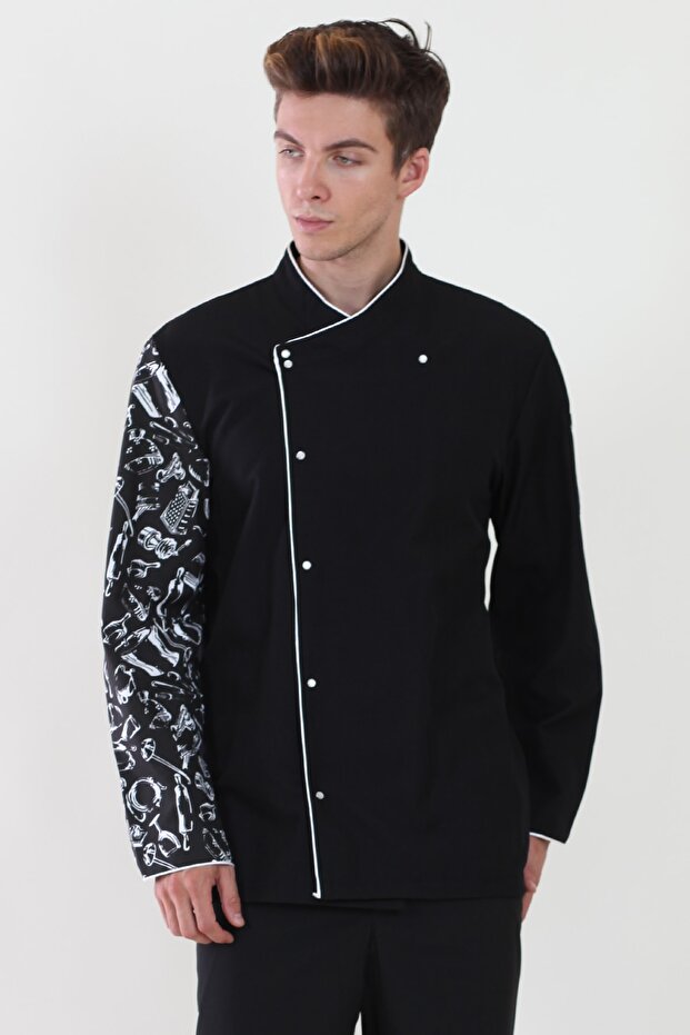 Black Sleeve Patterned White Piping Chef Jacket - 1
