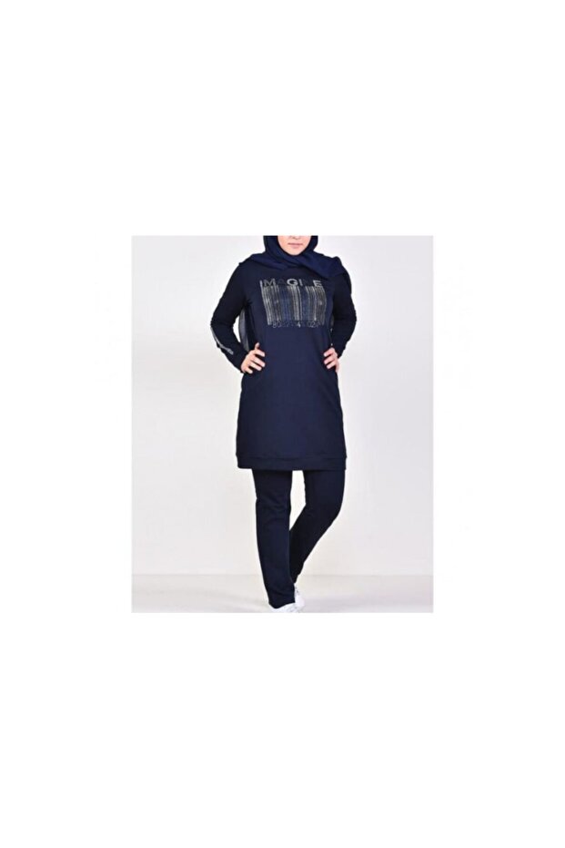Women's Battal Stone Navy Blue Hijab Tracksuit Set