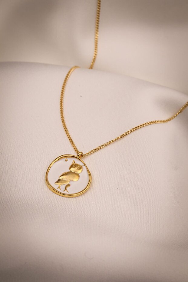 Gold Necklace with White Enameled Owl Figure