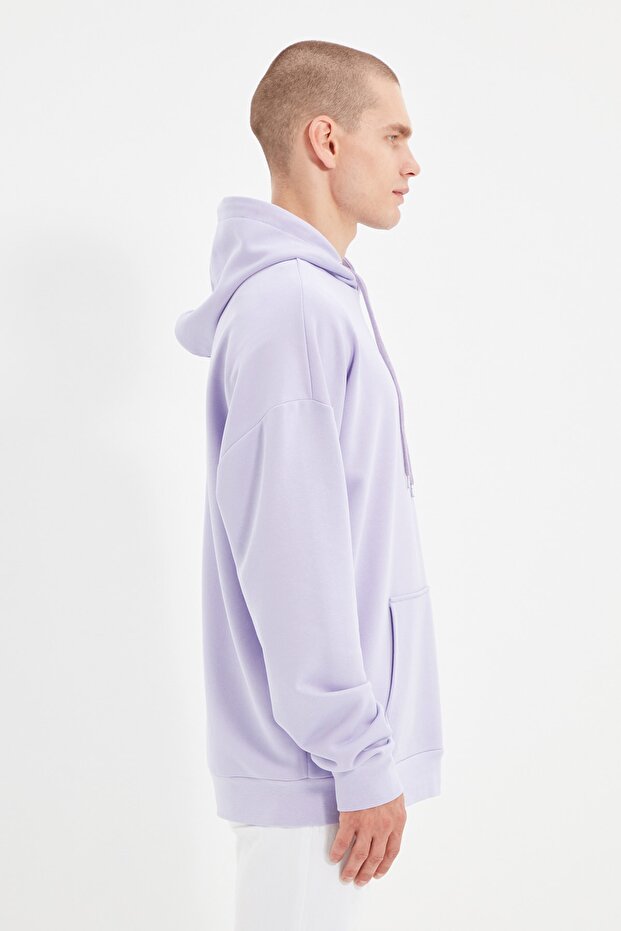 Lila Oversize/Geniş Kesim Kapüşonlu İçi Polar/Sıcak Tutan Sweatshirt TMNAW21SW2005 - 4