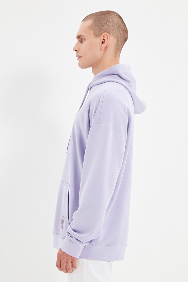 Lila Oversize/Geniş Kesim Kapüşonlu İçi Polar/Sıcak Tutan Sweatshirt TMNAW21SW2005 - 5
