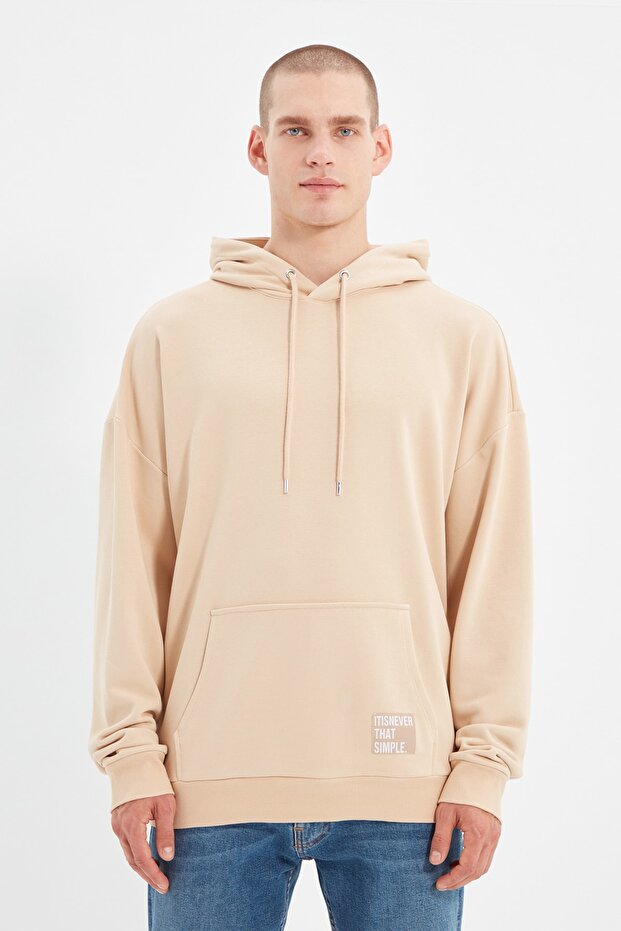 Beige Oversize/Wide Cut Hooded Label Inside Fleece/Warm Sweatshirt Tmnaw21Sw2005