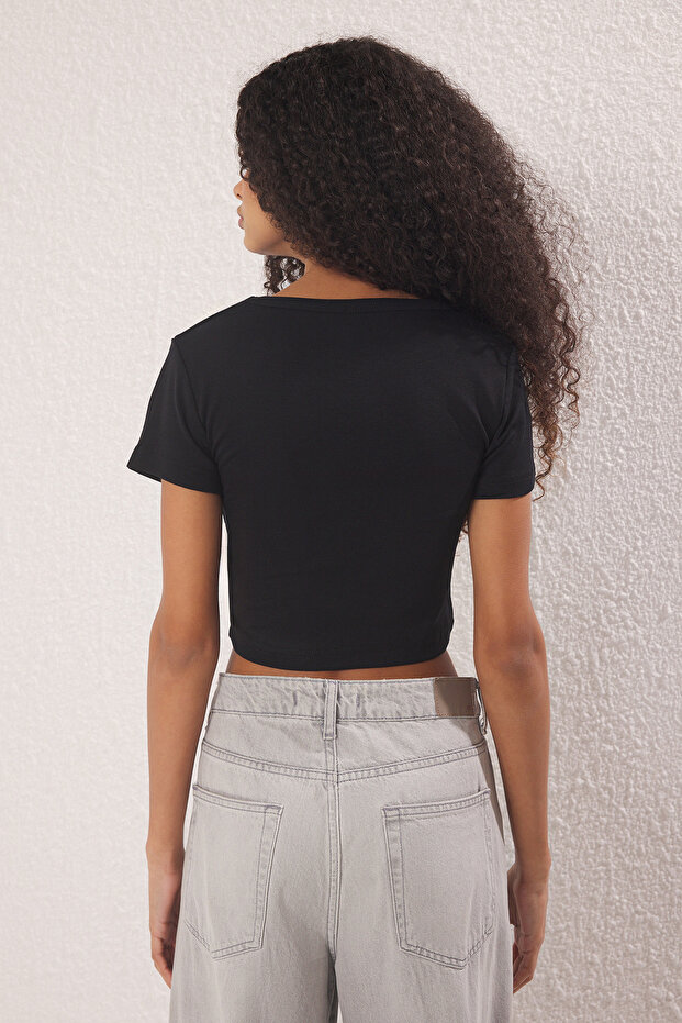 Siyah-Siyah Crop 2'li Paket Slim/Vücuda Oturan Örme Bluz TWOSS23BZ00108 - 9