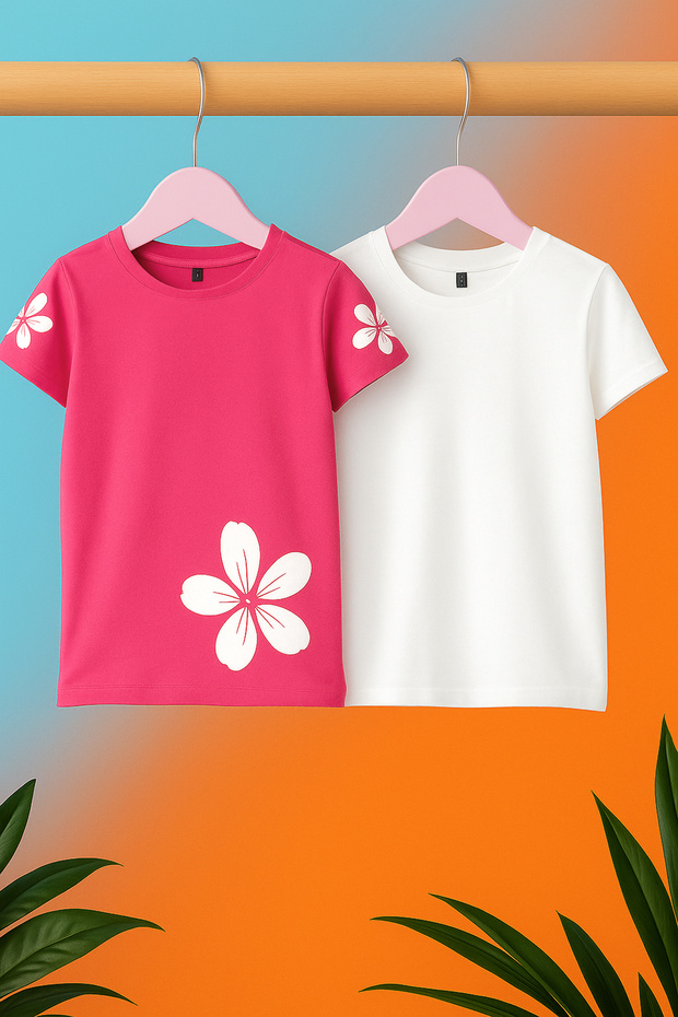 Fuşya-Ekru 2'li Kız Çocuk %100 Pamuk Çiçekli Kısa Kol Örme T-Shirt TKDSS25TS00109 - 1