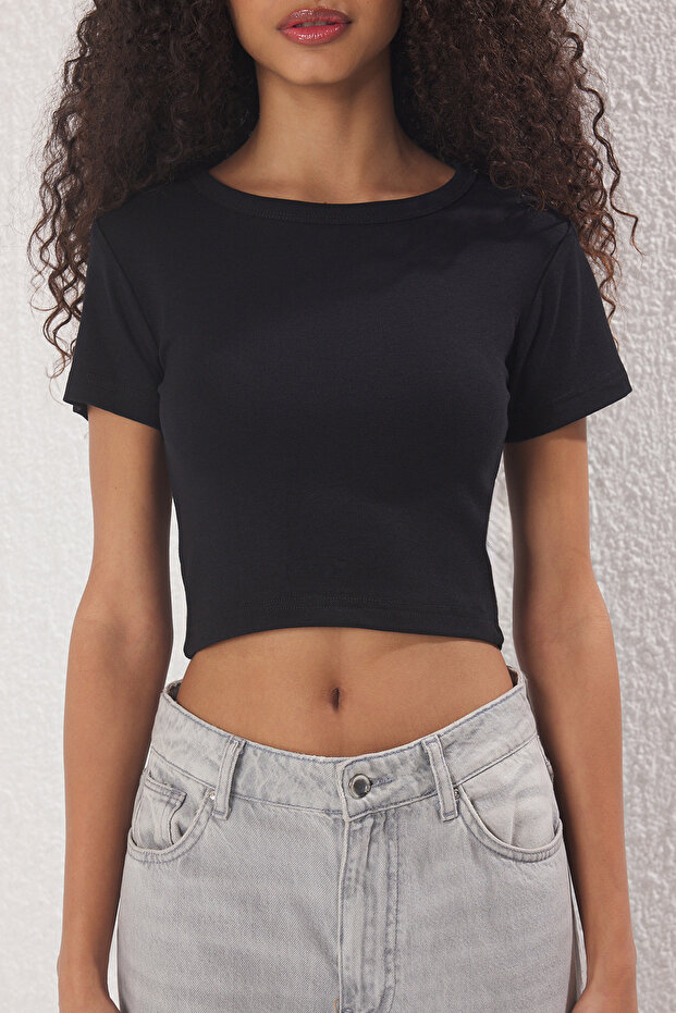 Siyah-Siyah Crop 2'li Paket Slim/Vücuda Oturan Örme Bluz TWOSS23BZ00108 - 8