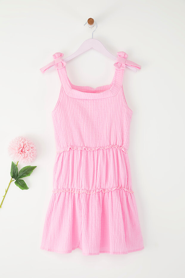 Pembe Kız Çocuk %100 Pamuk Basic Fırfırlı Askılı Mini Dokuma Elbise TKDSS25EL00058 - 2
