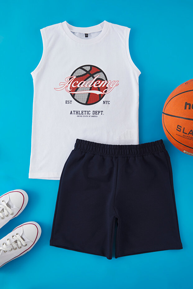 Beyaz Pamuklu Basketbol Baskılı Atlet-Şort Erkek Çocuk Örme Alt-Üst Takım TKDSS25AU00139 - 1
