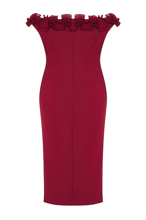 Bordo Madonna Yaka Fırfırlı Yırtmaçlı Dokuma Büyük Beden Elbise TBBSS25AH00142 - 8