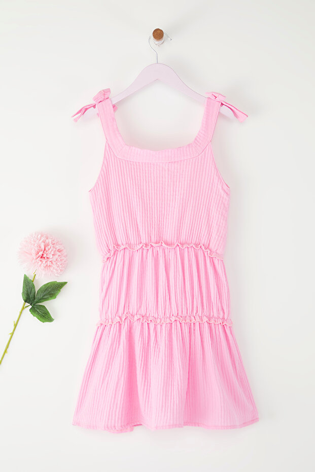 Pembe Kız Çocuk %100 Pamuk Basic Fırfırlı Askılı Mini Dokuma Elbise TKDSS25EL00058 - 4