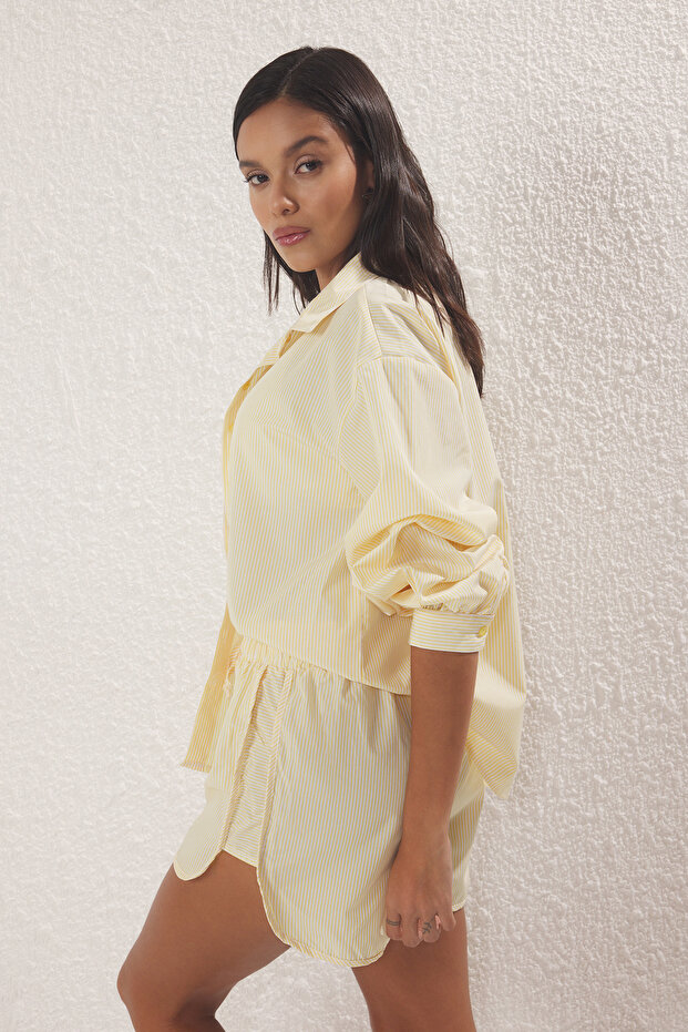 Žlutá pruhovaná tkaná plážová košile a šortky TBESS25AU00053 - 3