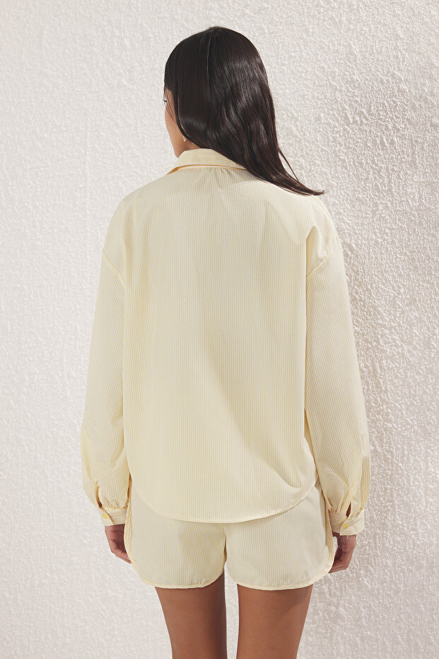 Žlutá pruhovaná tkaná plážová košile a šortky TBESS25AU00053 - 5