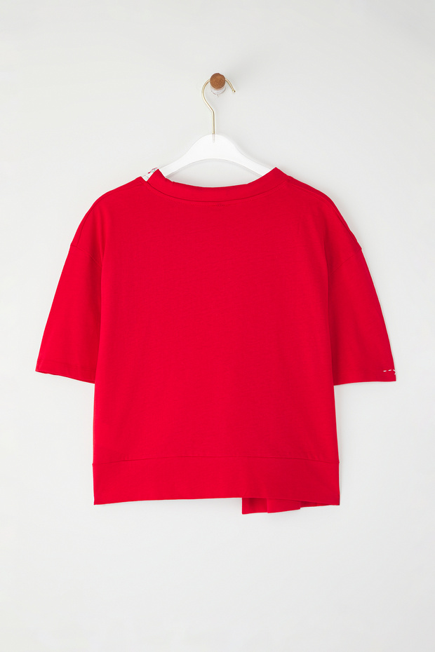 Kırmızı Kalın Pamuklu Kiraz Baskılı Boyundan Bağlamalı Detaylı Örme T-Shirt TEDSS24TS00001 - 2