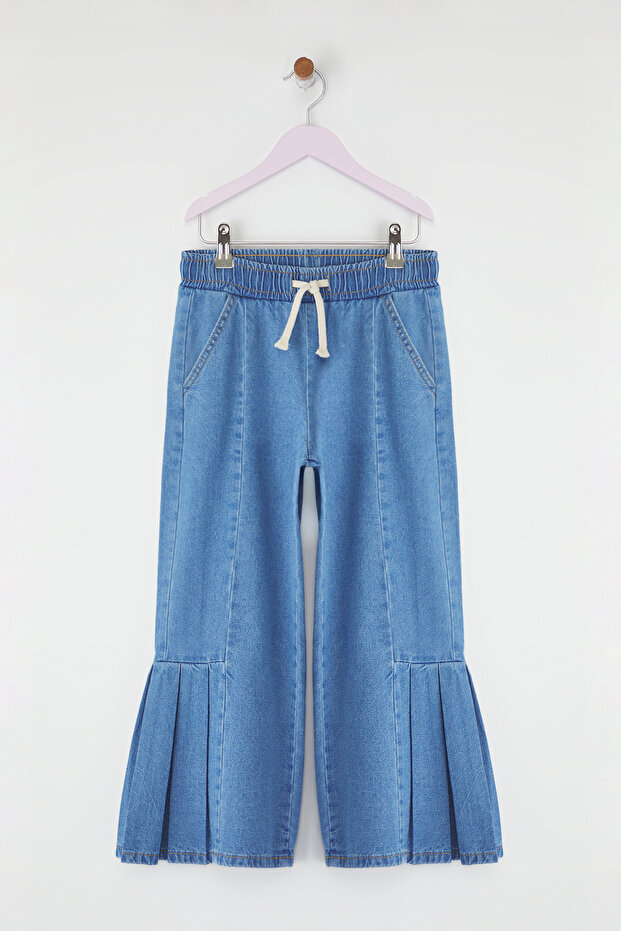 Açık Mavi Kız Çocuk %100 Pamuk Fırfırlı İspanyol Paça Lastikli Denim Pantolon TKDSS25PL00010 - 2
