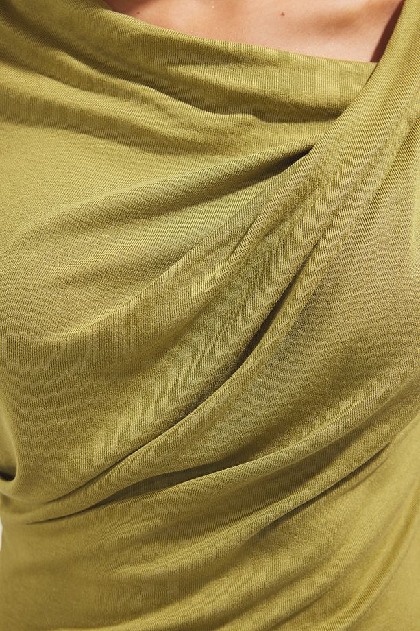 Yağ Yeşil  Büzgü/Drape Detaylı Fitted/Vücuda Oturan Örme Bluz TWOSS25BZ00278 - 3