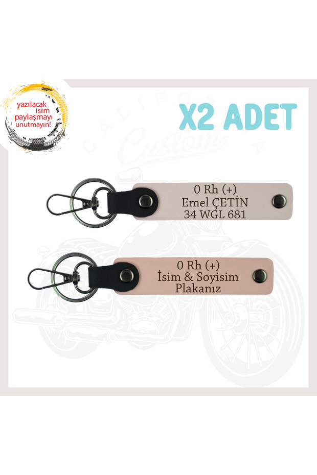 Special for Speed Lovers, Set of 2 Keychains with Name Plate and 0 Rh (+) Blood Group Written, Yavruağzı-Pudra