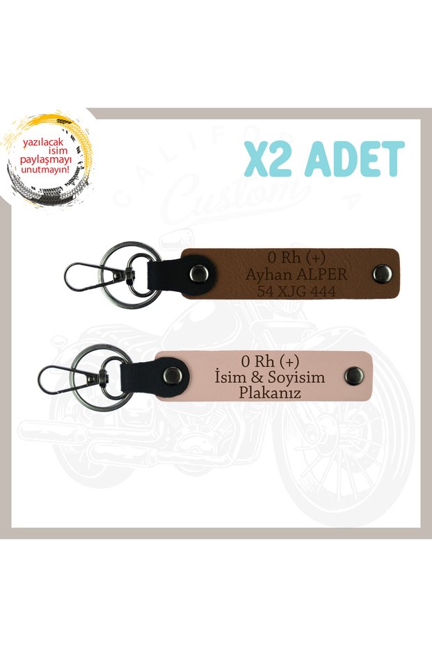 2-Piece Keychain with Custom Name Plate and 0 Rh (+) Blood Type Written in Biker Style, , Yavruağzı-Light Brown
