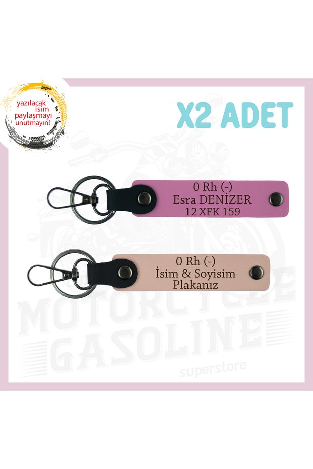 Yavruağzı-Pink, Special for Bikers, Gift 2-Piece Keychain with Name Plate and 0 Rh (-) Blood Type
