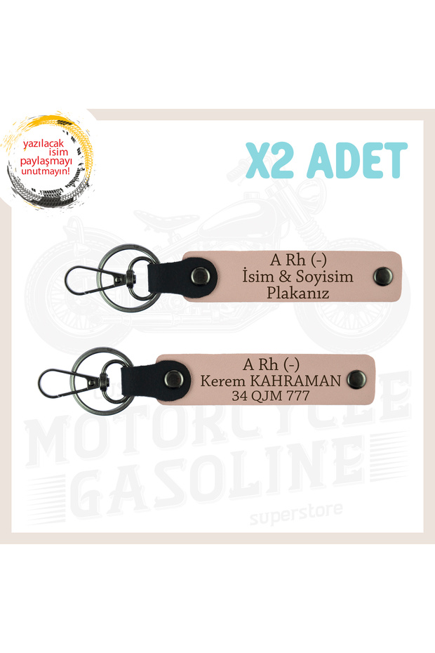 Yavruağzı, Special for Biker Style, Meaningful Gift with Name Plate and a Rh (-) Lettering, Leather X2 Keychain Set