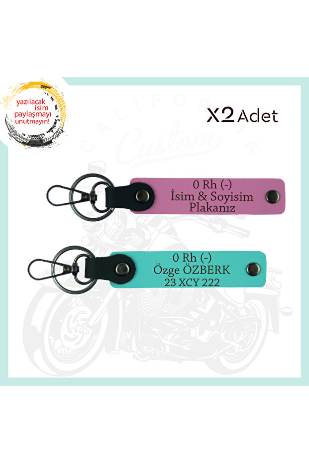 Pink-Turquoise, Special for Motor Lovers, Name Plate and 0 Rh (-) Blood Group Emergency 2-Piece Keychain