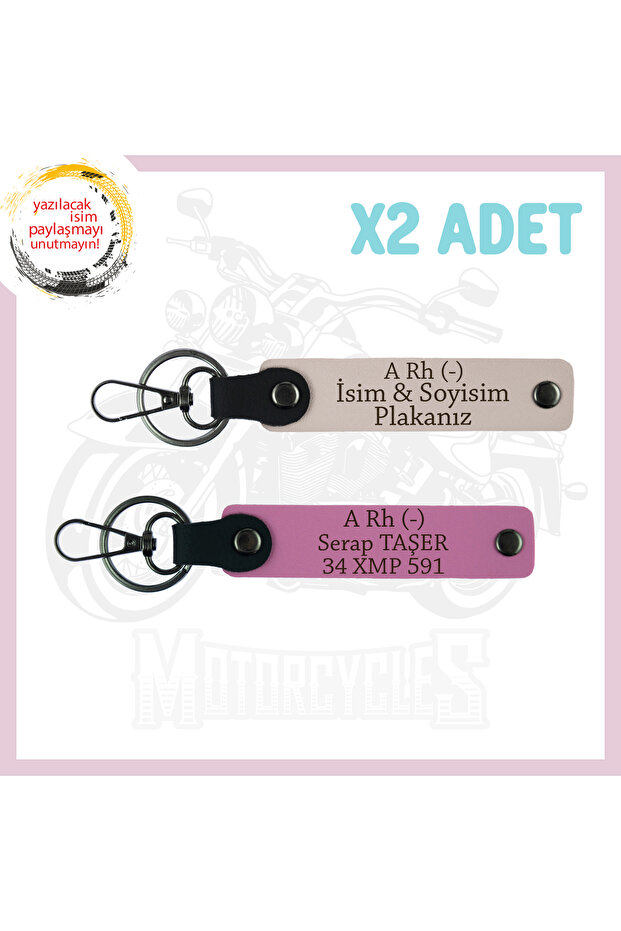 Motorcycle Lovers, Special Design Leather 2-Piece Keychain with Name Plate and a - Blood Group Written, Powder-Pink