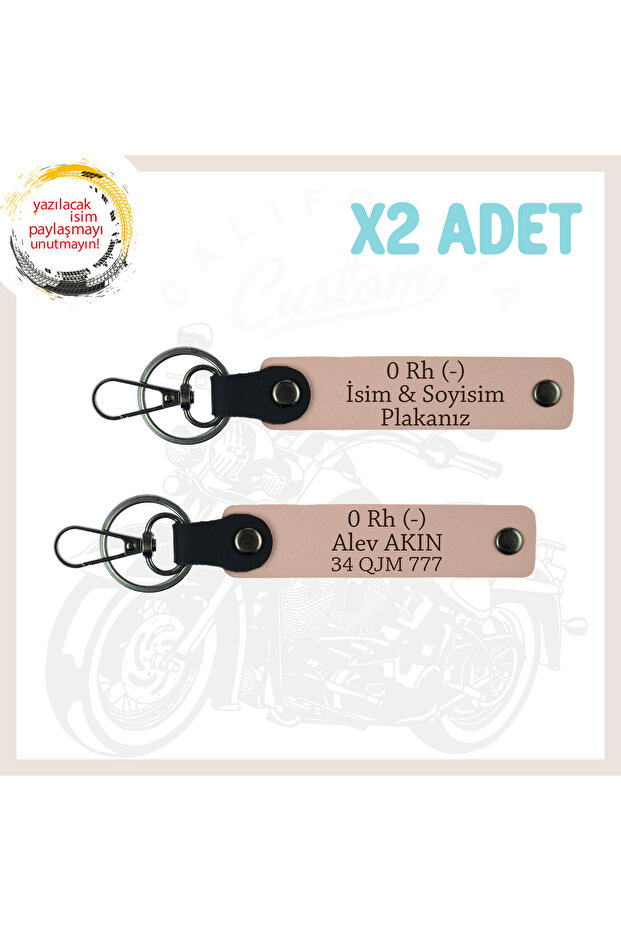 Yavruağzı, Special for Biker Style, Meaningful Gift with Name Plate and 0 Rh (-) Lettering, Leather X2 Keychain Set
