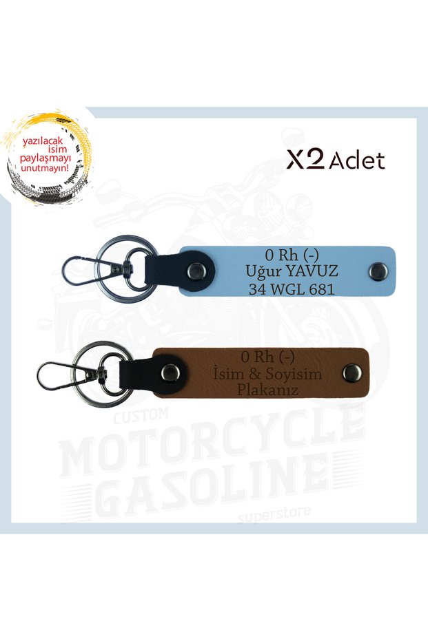 For Safe Driving, Biker Keychain with Name Plate and 0 Rh (-) Blood Type Written, Light Coffee-Sky Blue