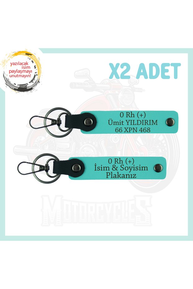 Turquoise, on the Motor Plate and Name Keychain! 2-Pack Keychain with Name Plate and 0 Rh (+) Blood Type
