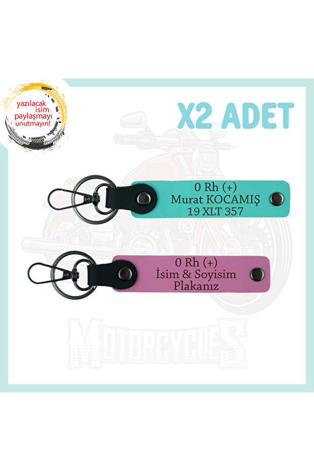 Pink-Turquoise, Special for Motor Lovers, Name Plate and 0 Rh (+) Blood Group Emergency 2-Piece Keychain