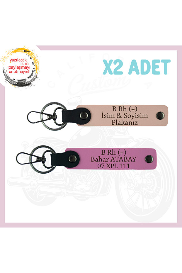 Yavruağzı-Pink, Special for Bikers, Gift 2-Piece Keychain with Name Plate and B Rh (+) Blood Group Lettering