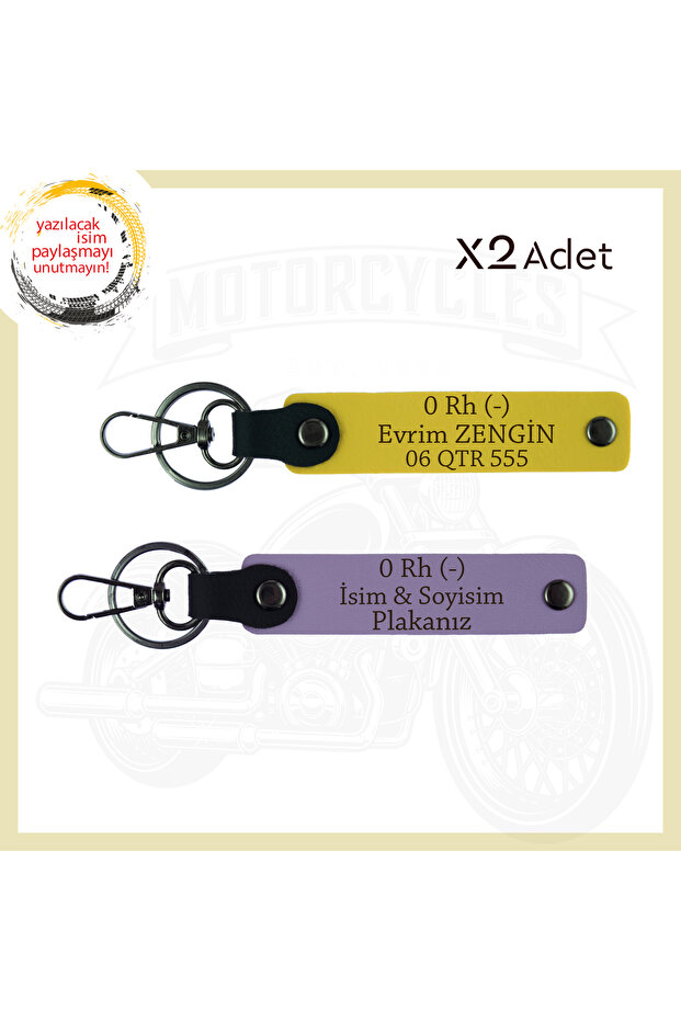 Purple Violet-Yellow, Leather 2-Piece Keychain with Speed Passion-Specific Name Plate and 0 Rh (-) Blood Type Written