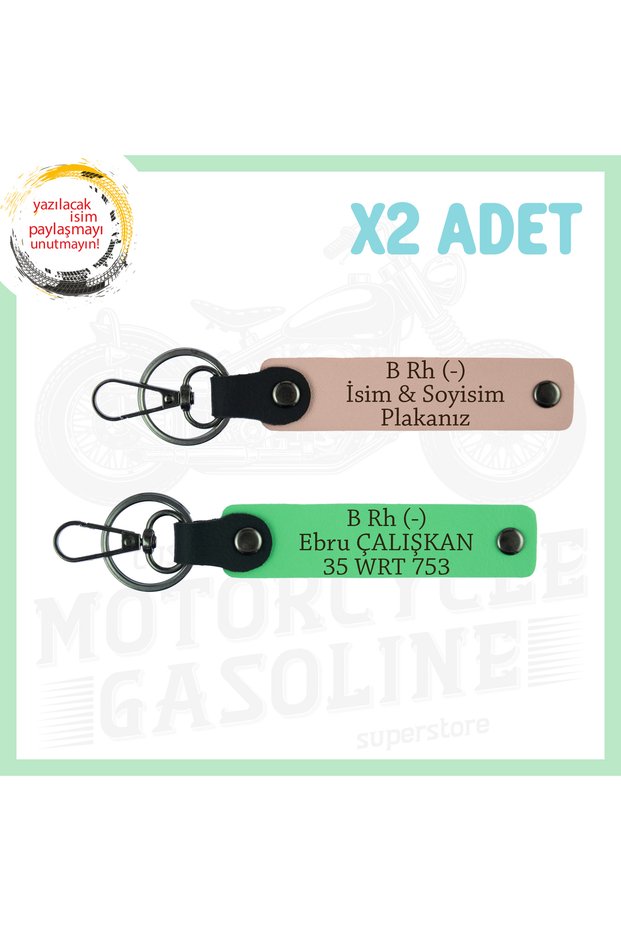 Name Plate and B Rh (-) Blood Group, Special Design 2 Keychain, Yavruağzı-F Green, for Motor Lovers
